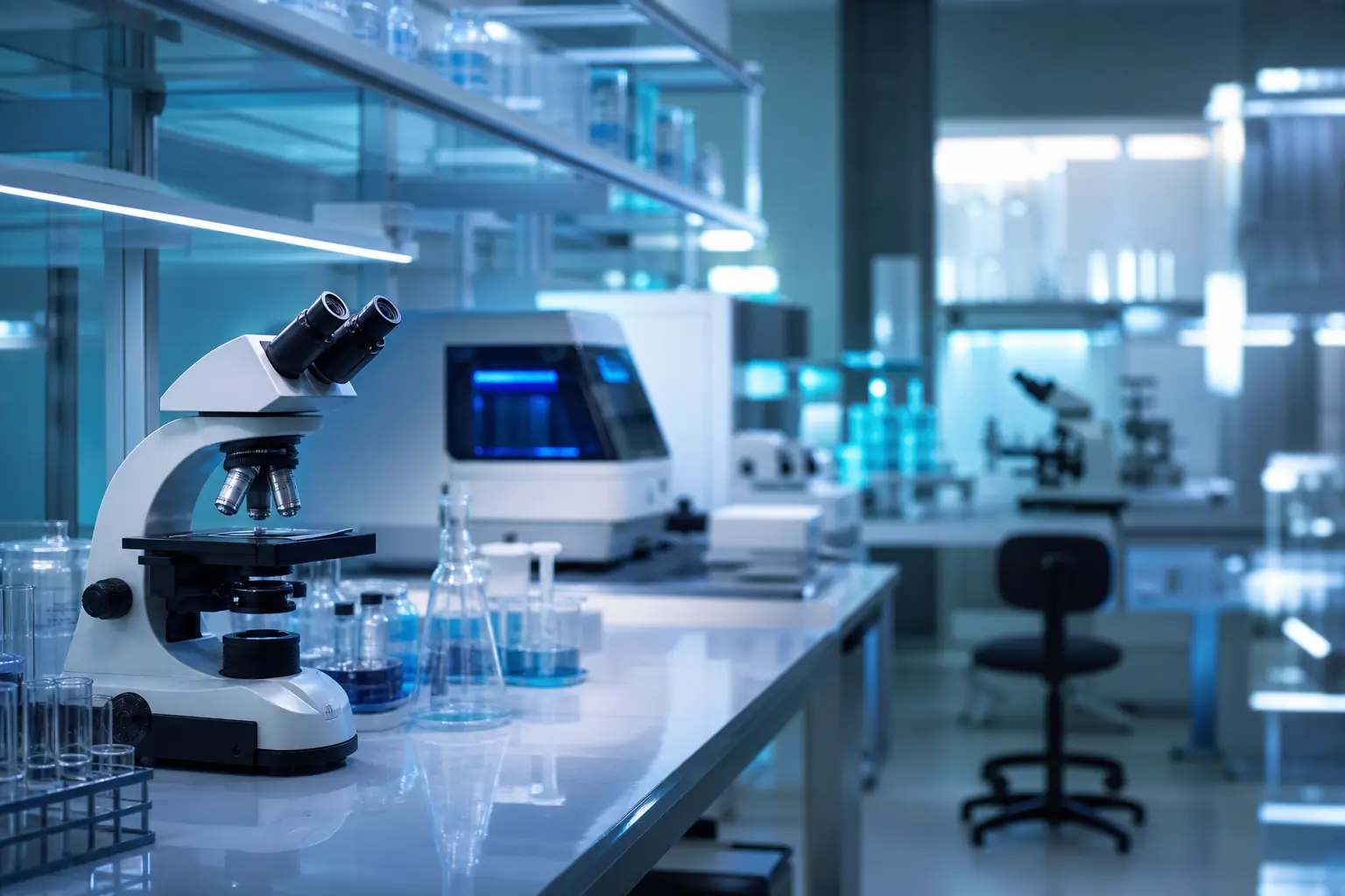 Genomics laboratory bench with microscopy equipment